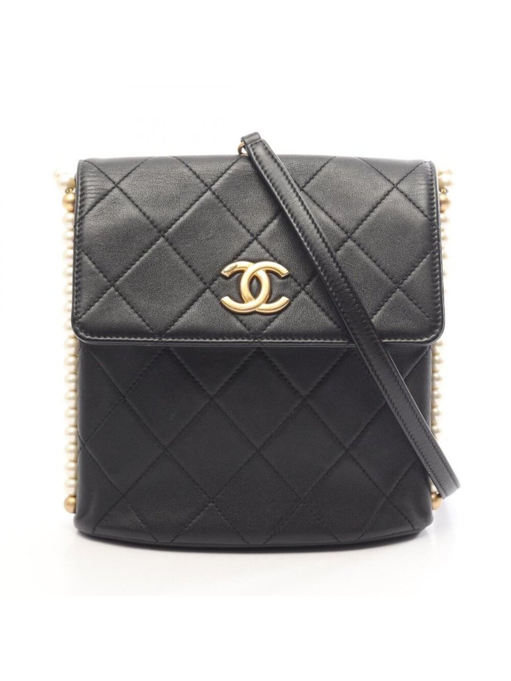 Chanel Shoulder Bag Quilted Faux Pearl Black Lambskin